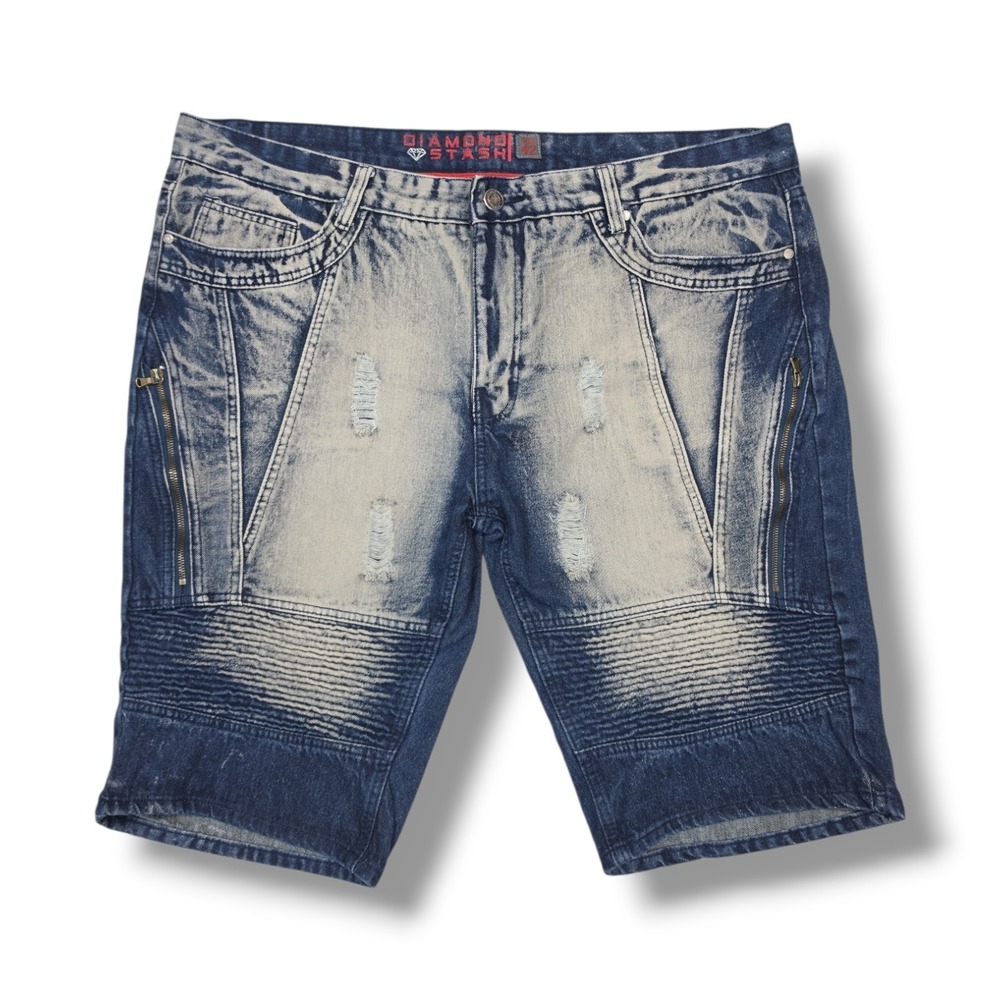 Diamond Stash Distressed Acid Wash Blue Denim Shorts Men's 42